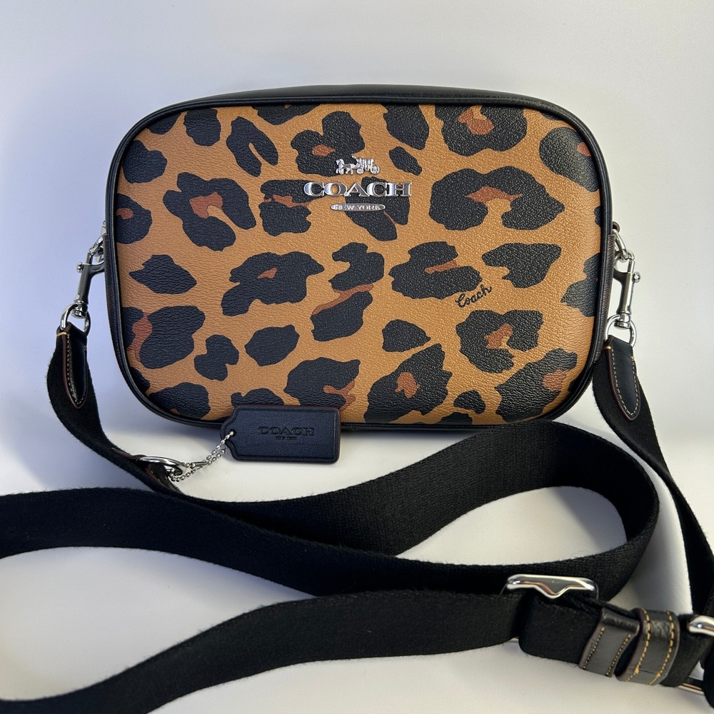 Coach Jamie Camera Bag Leopard Print Canvas Leather Crossbody Excellent - Picture 1 of 7